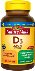Nature Made Vitamin D3, 220 Tablets, Vitamin D 2000 IU (50 mcg) Helps Support Immune Health, Strong Bones and Teeth, & Muscle Function, 250% of Daily Value for Vitamin D in One Daily Tablet