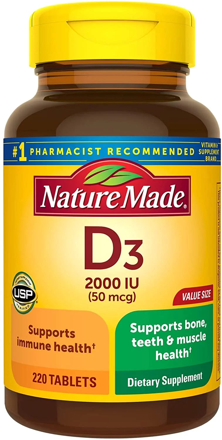 Nature Made Vitamin D3, 220 Tablets, Vitamin D 2000 IU (50 mcg) Helps Support Immune Health, Strong Bones and Teeth, & Muscle Function, 250% of Daily Value for Vitamin D in One Daily Tablet
