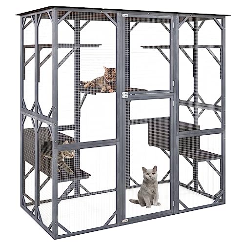 Tangkula Catio Outdoor Cat Enclosure Large, 72 Inch Tall Wooden Cat House with Weatherproof Asphalt Roof, Cat Cage Playpen on Wheels with 4 Platforms & 2 Resting Boxes, Walk-in Cat Kennel Condo