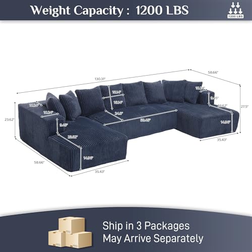 131" Modular Sectional Sofa Cloud Couch, Corduroy Memory Foam Black O10952
