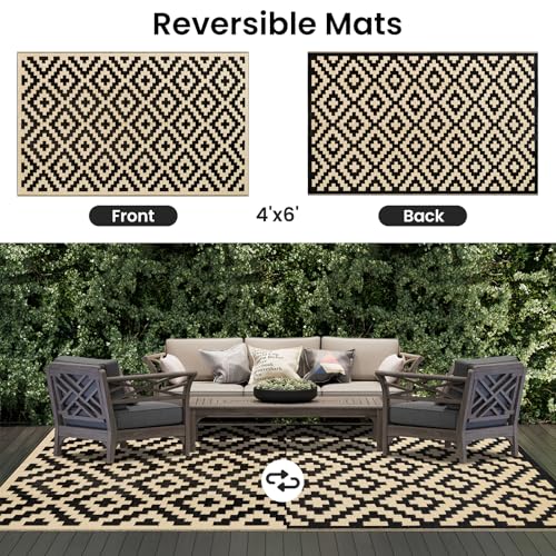 Smiry Waterproof Outdoor Rug 5x8 ft, Reversible Plastic Straw Patio Mat, Black & Beige P20186