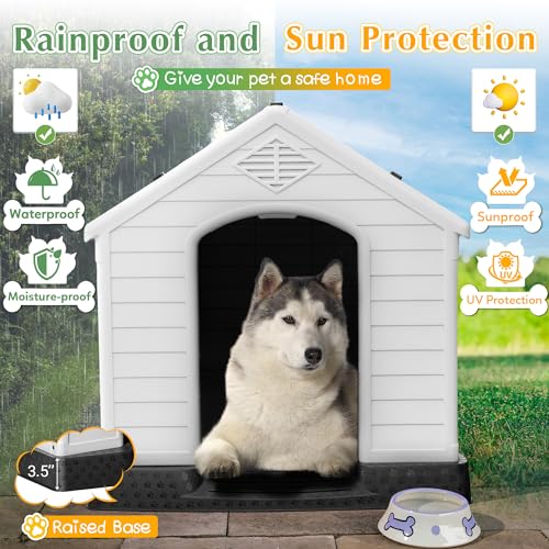 Waterproof Plastic Dog House for Small Medium Large Dogs, Insulated with Elevated Floor, Gray F264926