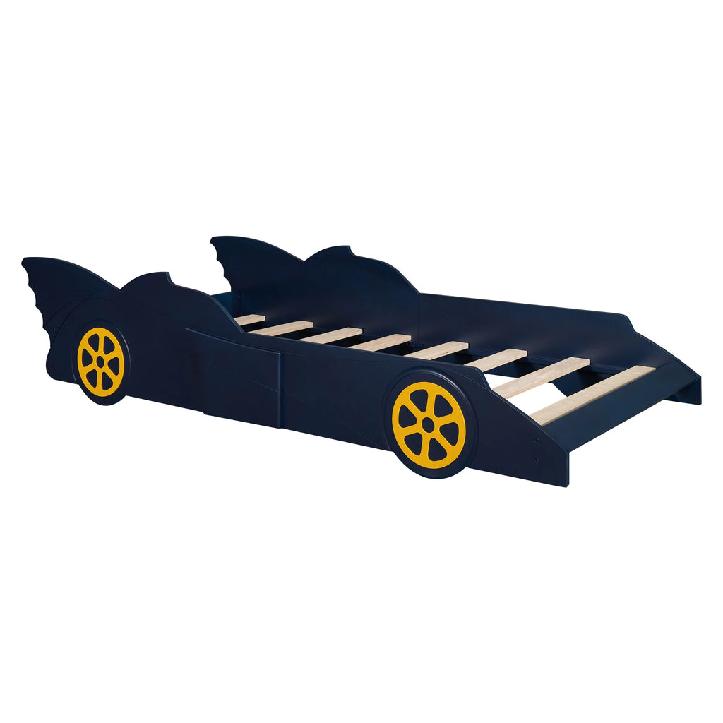 iRerts Race Car Shaped Twin Bed Frame for Kids, Wood Platform Bed with Wheels, Blue/Yellow V249491
