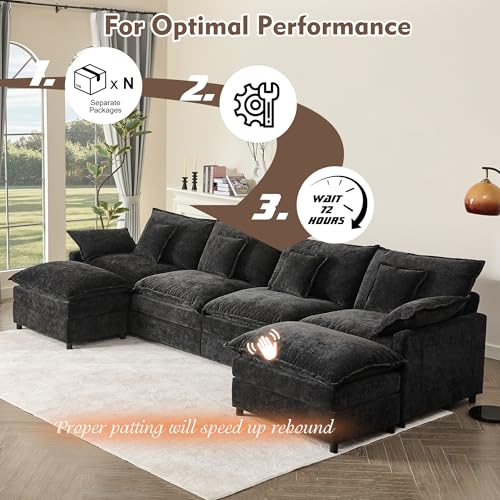 U Shaped Modular Sectional Sofa with Ottoman, Chenille, Black P2121