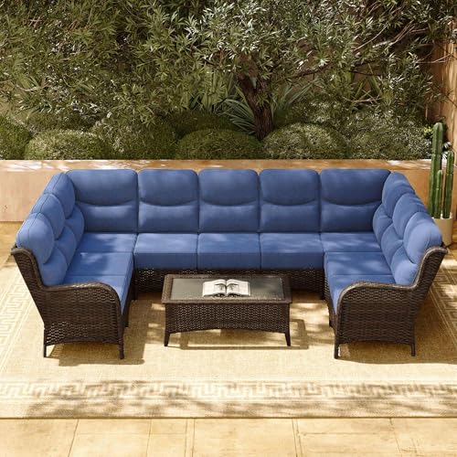 Luxury Patio Furniture Set 7PCS Wicker Conversation Set with Blue Cushions J5390