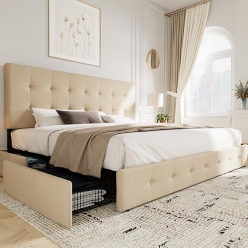 Allewie Upholstered Queen Size Platform Bed Frame with 4 Storage Drawers and Headboard, Square Stitched Button Tufted, Mattress Foundation with Wooden Slats Support, No Box Spring Needed, Light Grey