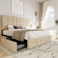 Allewie Upholstered Queen Size Platform Bed Frame with 4 Storage Drawers and Headboard, Square Stitched Button Tufted, Mattress Foundation with Wooden Slats Support, No Box Spring Needed, Light Grey