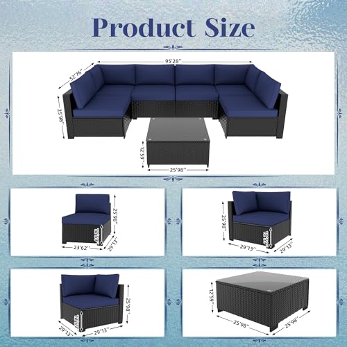 KIGOTY Patio Furniture Set 7 Pieces Outdoor Sectional Sofa with Cushions and Glass Coffee Table B60021