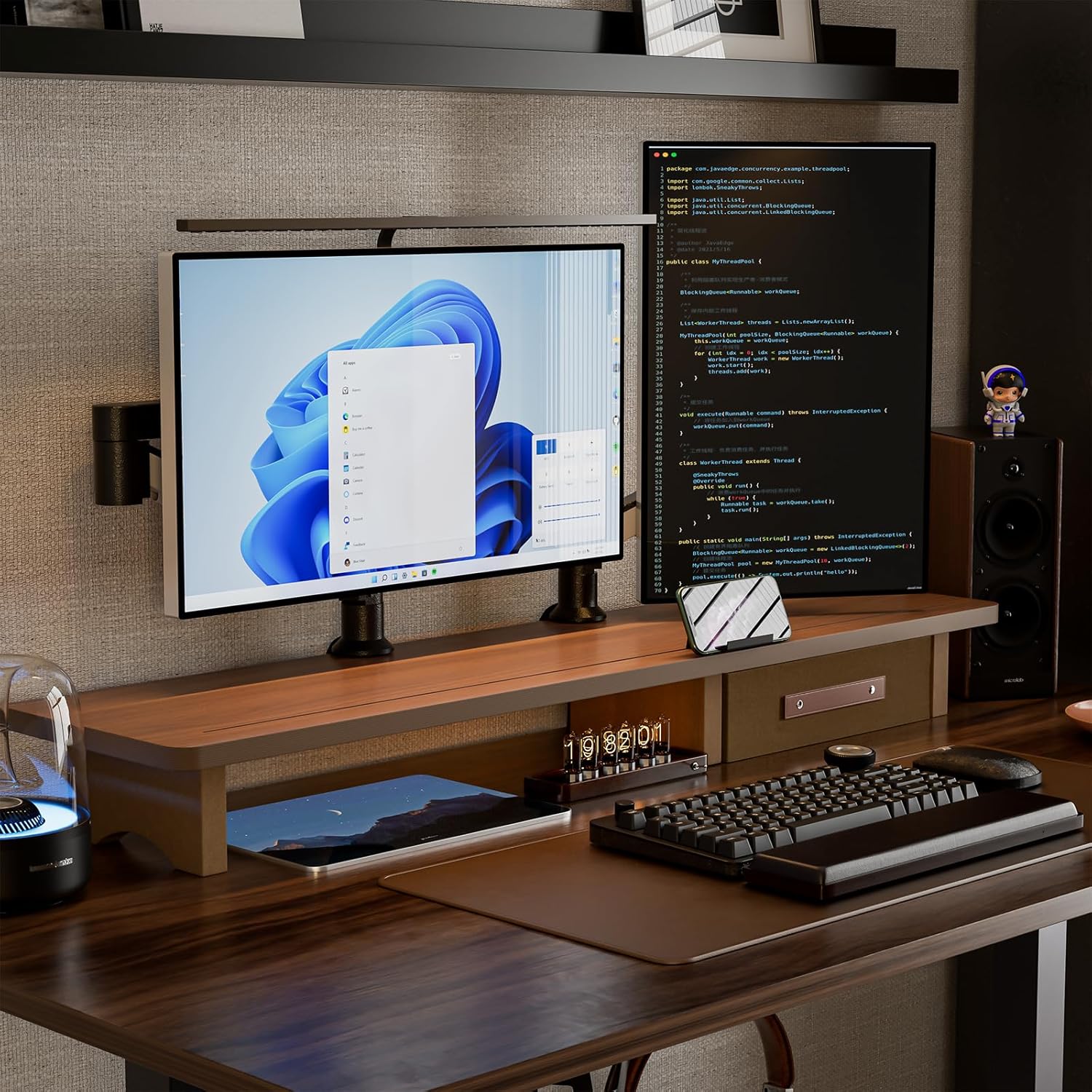 Dual Monitor Riser with Drawers, Sturdy Wood Stand for 2 Monitors N85730