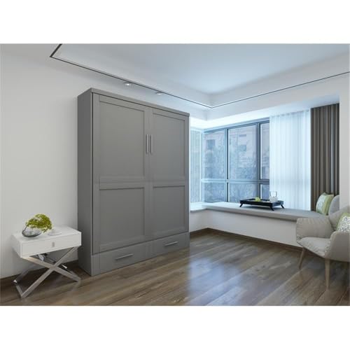 Queen Size Gray Murphy Wall Bed Solid Wood, No Box Spring Needed E498951