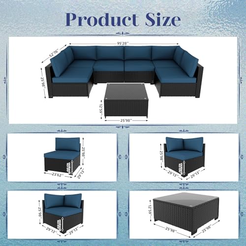 KIGOTY Patio Furniture Set 7 Pieces Outdoor Sectional Sofa with Cushions and Glass Coffee Table B60021