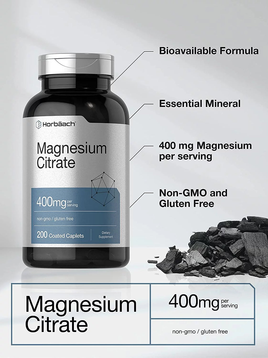 Horbaach Magnesium Citrate 400mg, 200 Caplets, Vegetarian Formula L80127