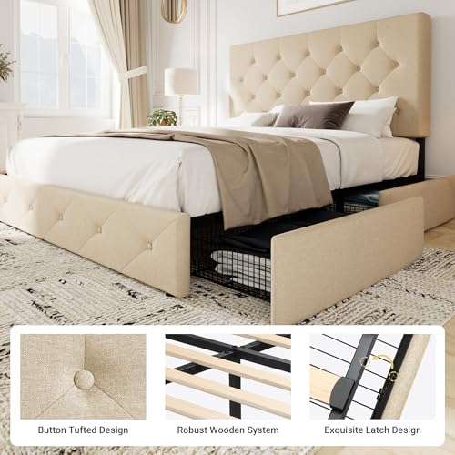 Allewie Upholstered Queen Platform Bed Frame with 4 Drawers and Headboard, Light Grey A922