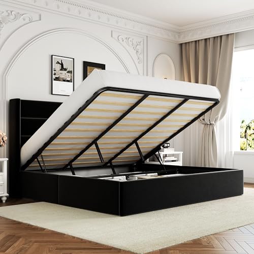 Allewie Full Size Lift Up Storage Bed with Wingback Headboard, Light Beige C85153