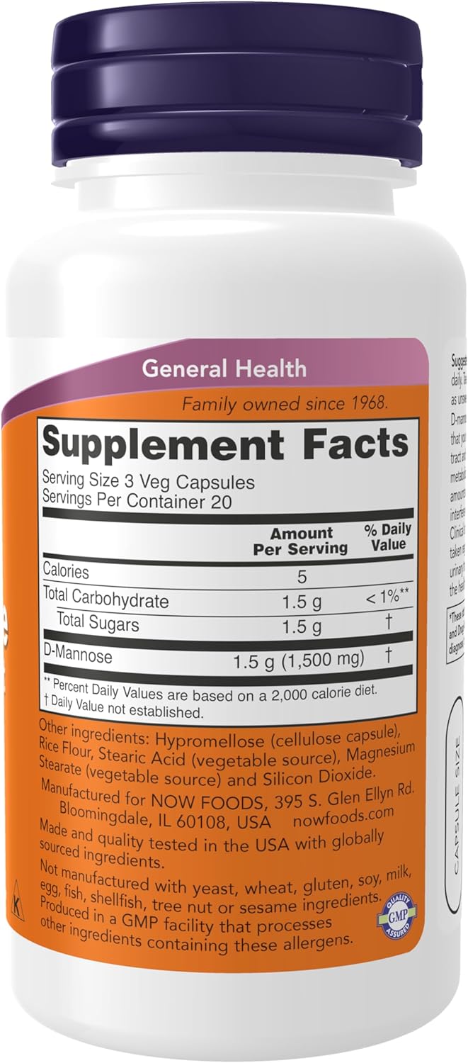 NOW Supplements D-Mannose 500 mg Non-GMO, 60 Veg Capsules V49861