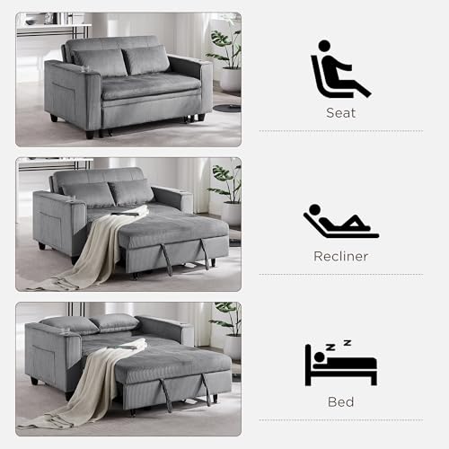 OKD 3 in 1 Convertible Sleeper Sofa Bed, Corduroy Pull Out Futon Couch with Charging Station, Light Grey Y57647