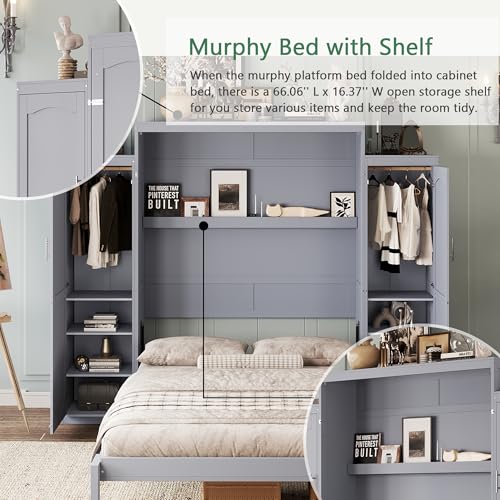 Polib Full Size Murphy Bed with Two Wardrobes and Storage Shelf, White S302797