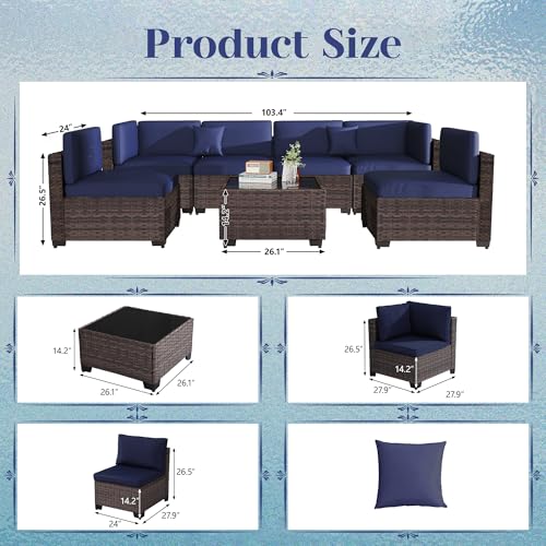 KIGOTY Patio Furniture Set 7 Pieces Outdoor Sectional Sofa with Cushions and Glass Coffee Table B60021