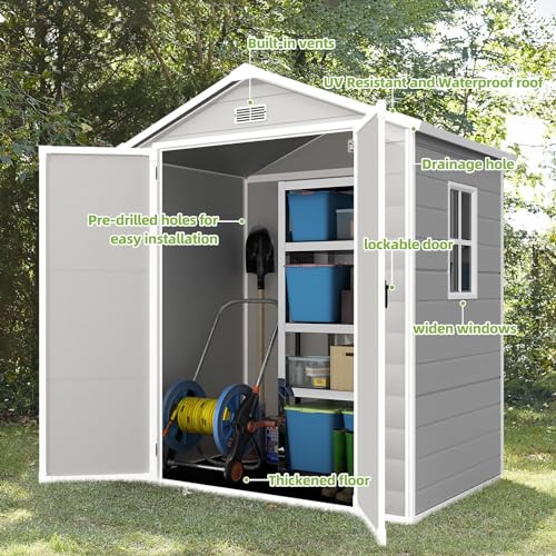 Outdoor Storage Shed 6x4.4FT Resin Plastic with Floor for Garden Tool J5309