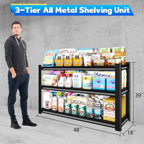 3-Tier Garage Shelving Heavy Duty, 48" W Metal Utility Rack, Black E7939