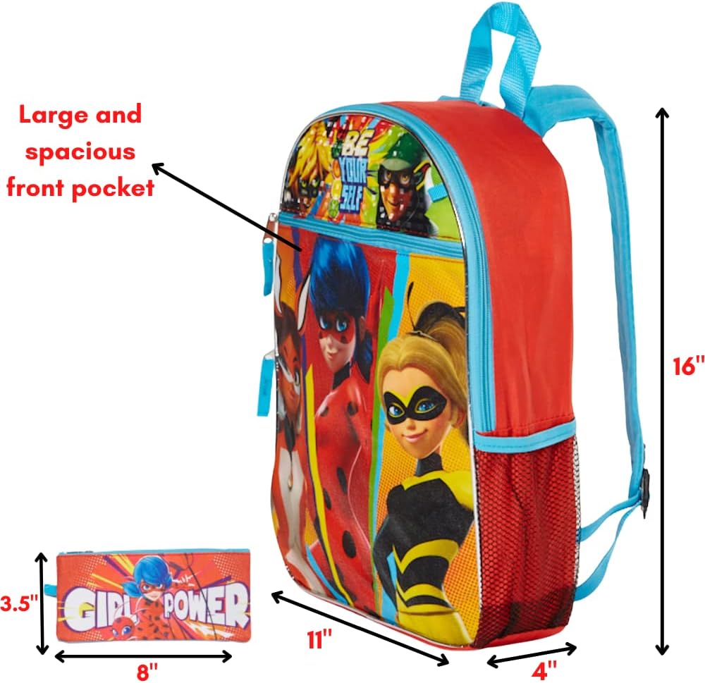 Miraculous Ladybug Girl Power Backpack Set for Girls, 16 inch with Lunch Bag & Pencil Case W2787