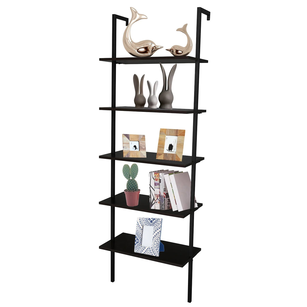 5-Shelf Wood Ladder Bookcase with Metal Frame, Dark Walnut U3309