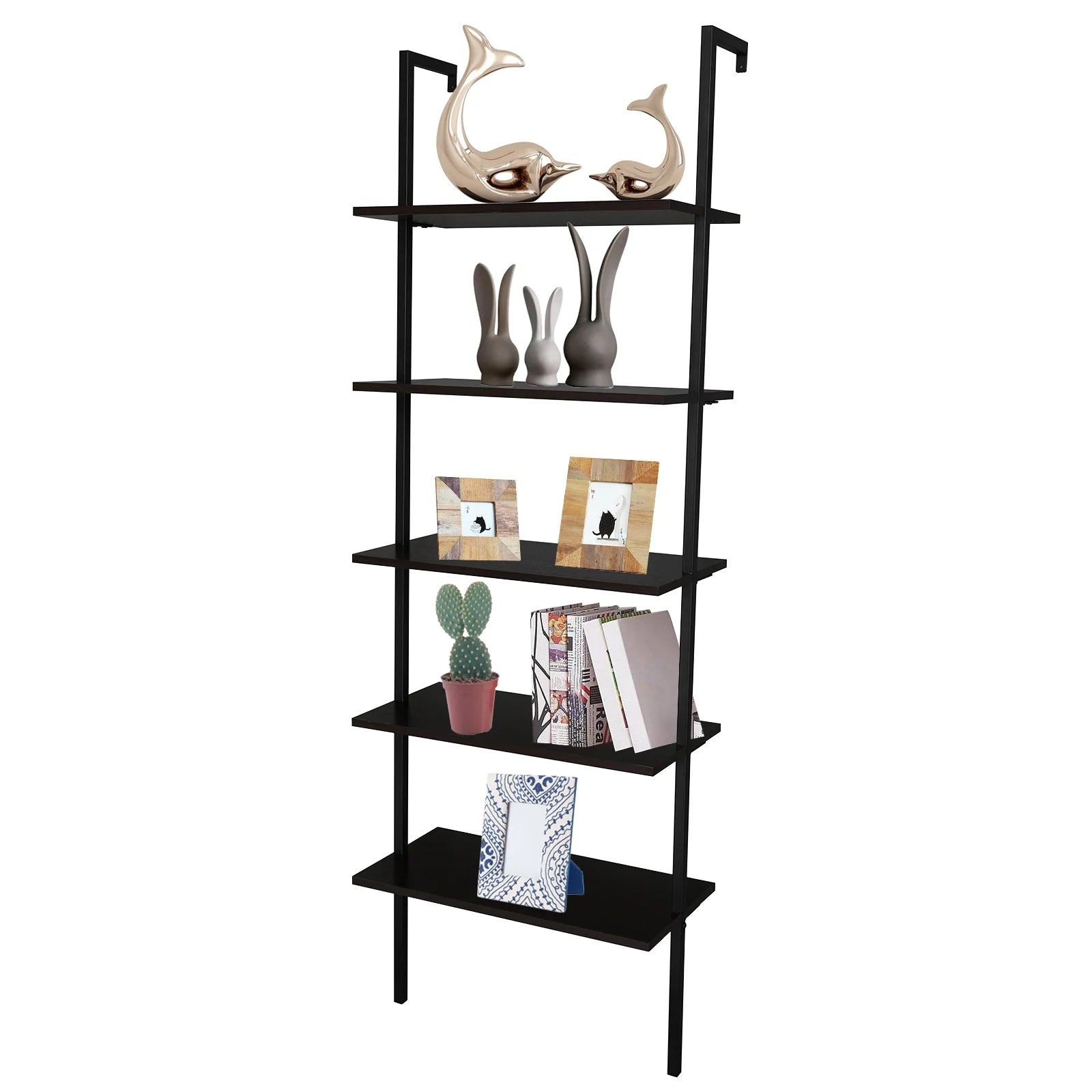 5-Shelf Wood Ladder Bookcase with Metal Frame, Dark Walnut U3309