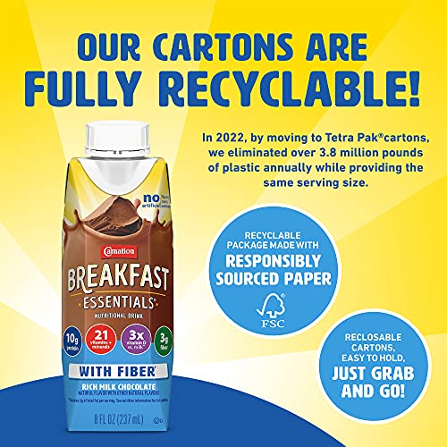 Carnation Breakfast Essentials Ready to Drink with Fiber, Rich Milk Chocolate, 8 FL OZ Carton (Pack of 24) P616078
