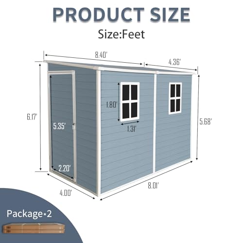 Outdoor Resin Storage Shed 4x8 ft with Floor and 2 Windows, Grey M680