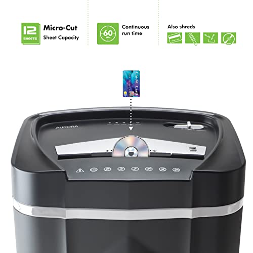 Aurora 12-Sheet Micro-Cut Paper and Credit Card Shredder, 60 Minutes Continuous Run X637
