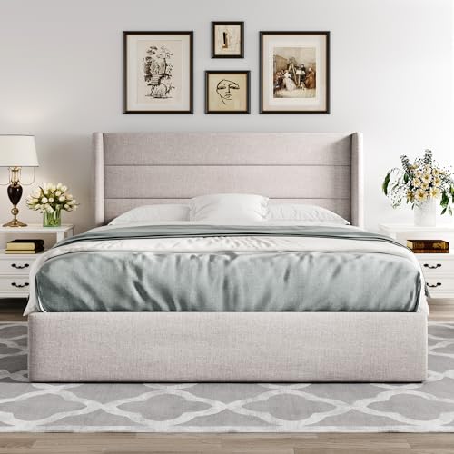 Allewie Full Size Lift Up Storage Bed with Wingback Headboard, Light Beige C85153