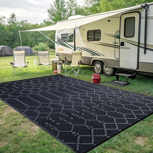 Smiry Waterproof Outdoor Rug 5x8 ft, Reversible Plastic Straw Patio Mat, Black & Beige P20186