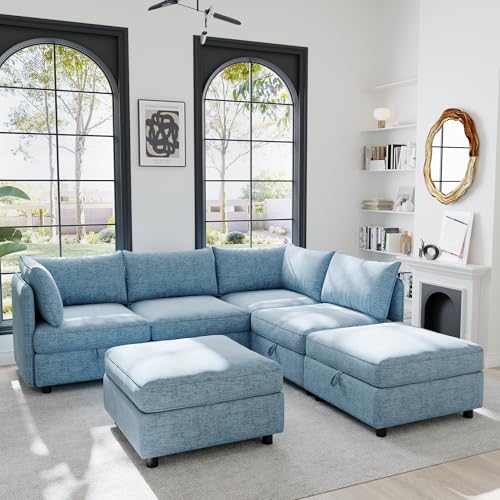 Oversized Modular Sectional Sofa with Movable Ottomans, U-Shaped Chenille J2923
