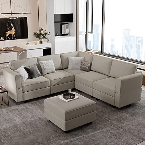 Belffin Modular Velvet Sectional Sofa with Chaise Lounge and Storage, Grey T418154