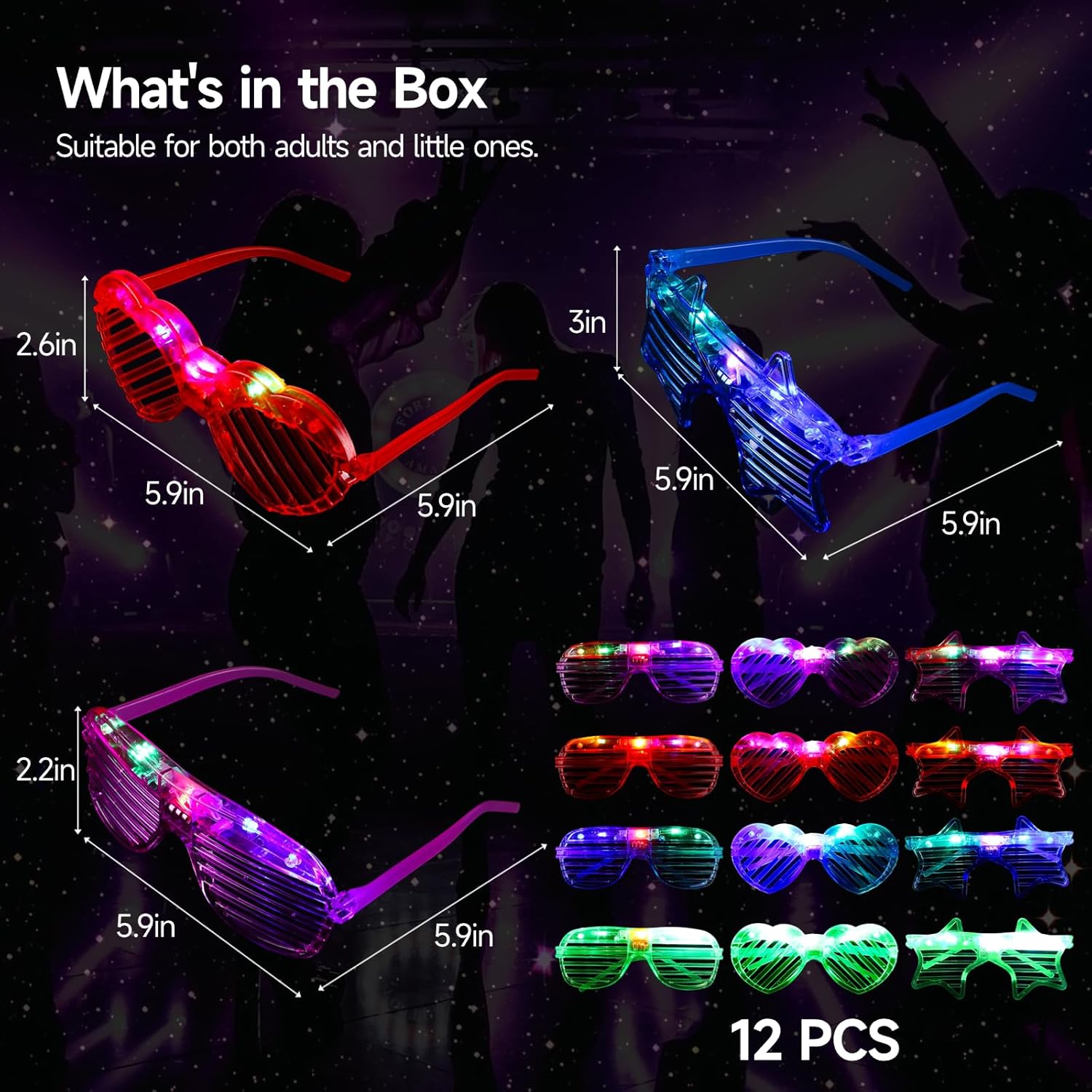 LED Glasses 12 Pack, 3 Shapes 4 Colors, Light Up Neon Party Favors for Adults H969