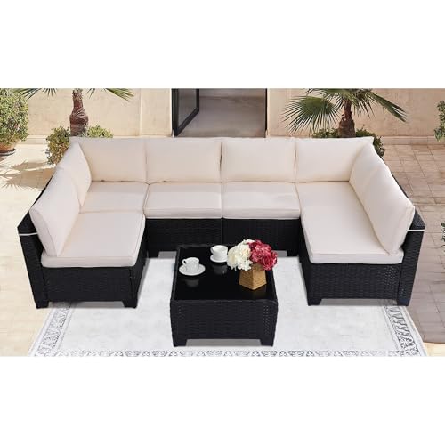KIGOTY Patio Furniture Set 7 Pieces Outdoor Sectional Sofa with Cushions and Glass Coffee Table B60021