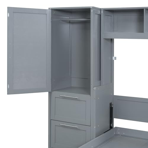 Queen Size Murphy Bed Wall Bed with Closet and Drawers, Gray P80410