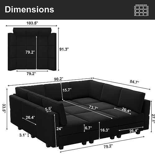 Belffin Modular Velvet Sectional Sofa with Chaise Lounge and Storage, Grey T418154