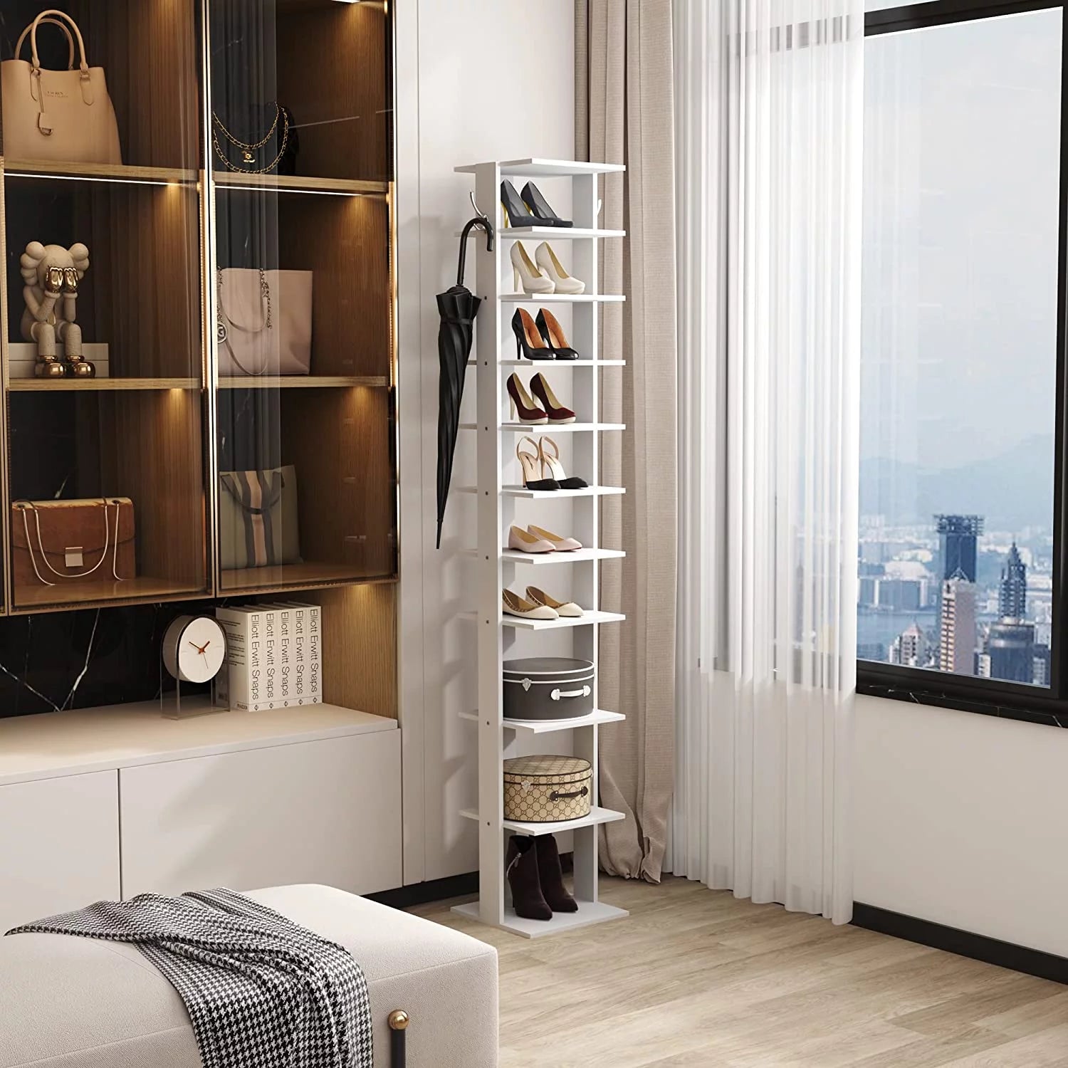 LIHONG 10-Tier Vertical Shoe Rack with Hanging Hooks, White X152770