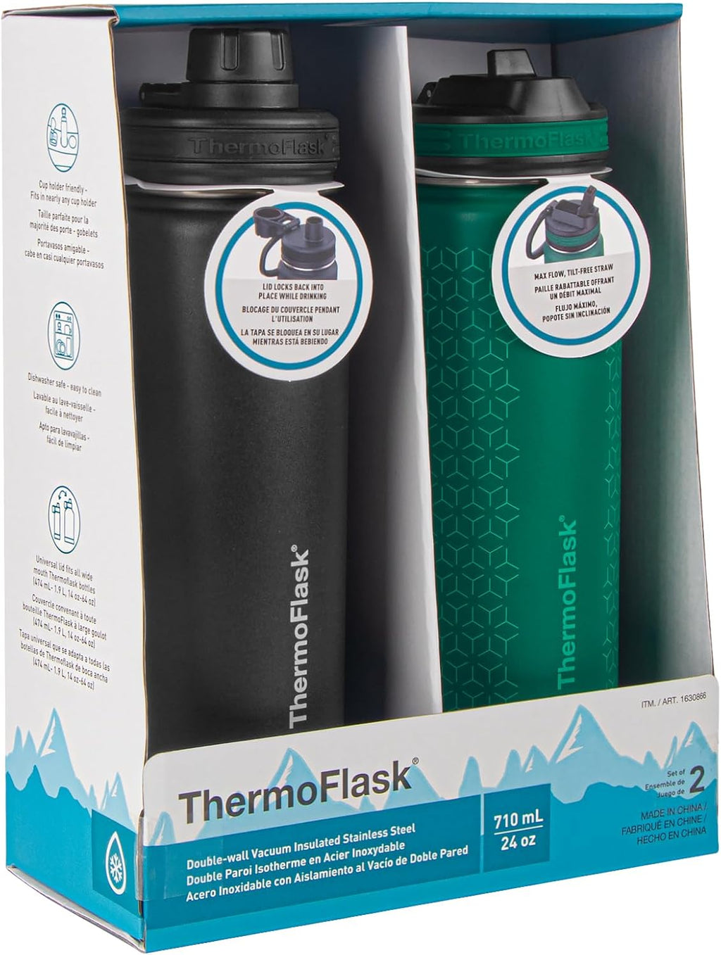 ThermoFlask 24 oz Insulated Stainless Steel Water Bottle 2-Pack, Black/Malachite Z295176