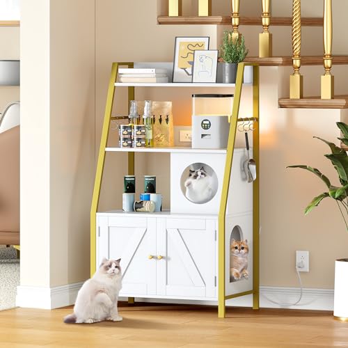 DWVO Cat Litter Box Enclosure with Shelves, Wooden Cat Cabinet, Gold White G890068