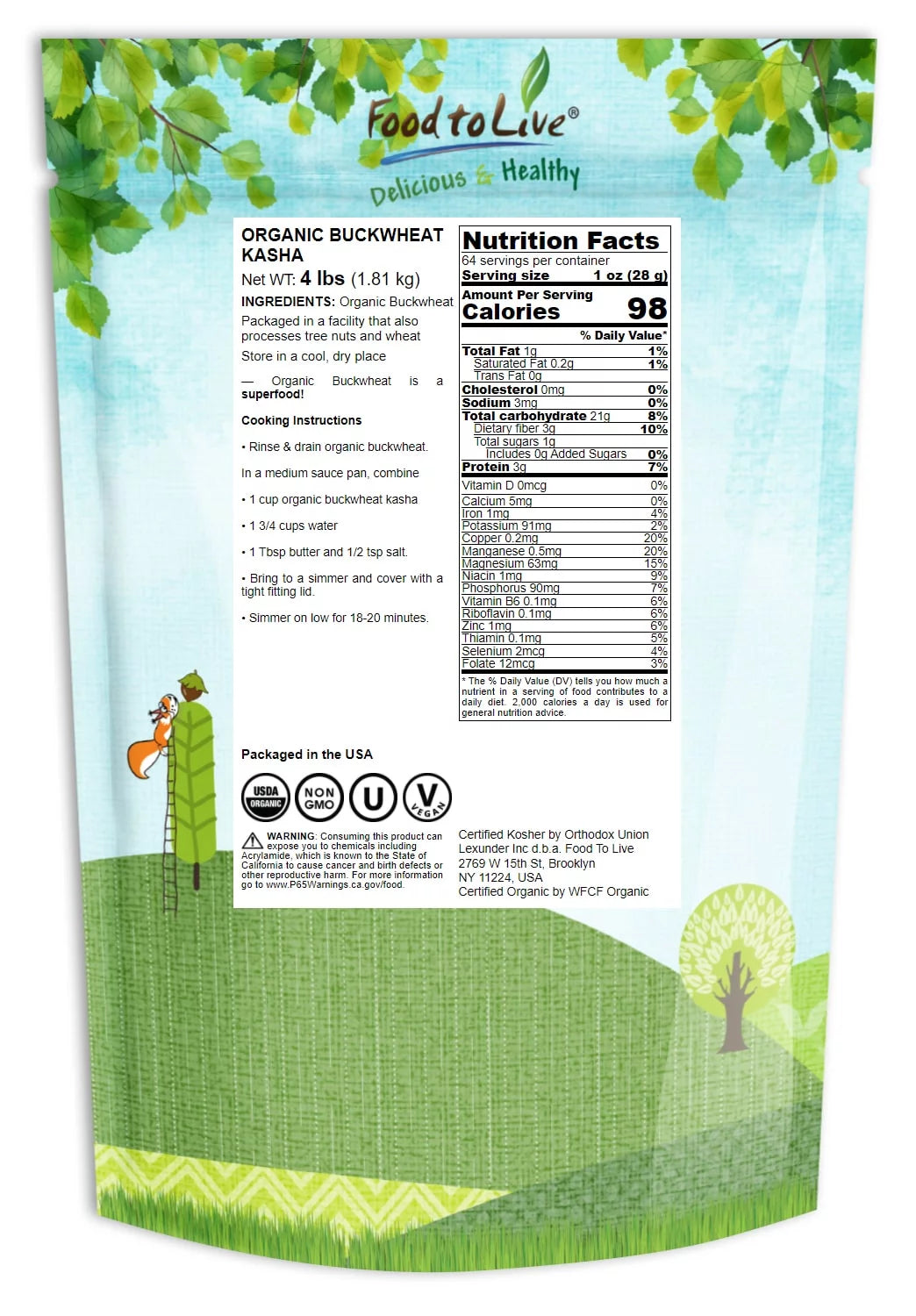 Organic Buckwheat Kasha, 4 Pounds — Non-GMO, Kosher, Vegan — Food to Live U431555