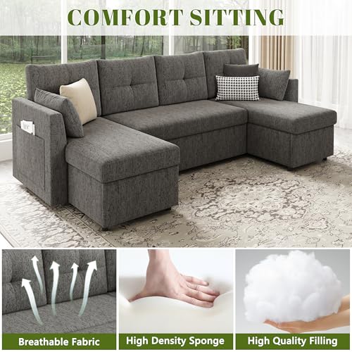 Oversized Sleeper Sofa Couch with Double Storage Chaise, Dark Grey U1381