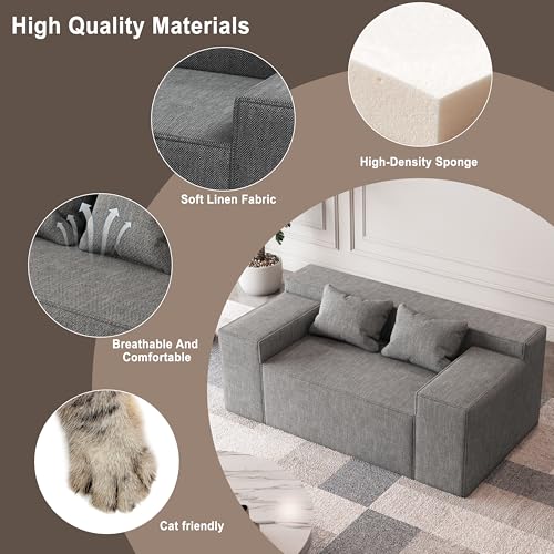 Modern Loveseat Sofa Couch in a Box with 2 Pillows, Cat-Scratch Resistant Linen, Grey F539394