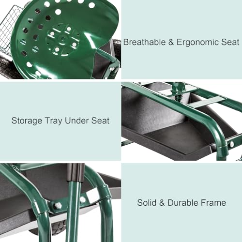KINTNESS Garden Cart with Rolling Work Seat and Storage Basket, Blue G5904