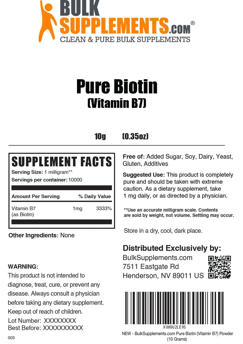 BulkSupplements.com Pure Biotin (Vitamin B7) 100 Grams A666