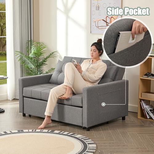 52" Sleeper Sofa with Pull-Out Bed, 3-in-1 Convertible, Linen, Light Gray E80103