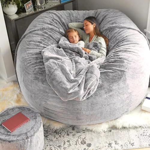 6FT Light Grey Round Fluffy Bean Bag Chair Cover for Adults Kids A1025