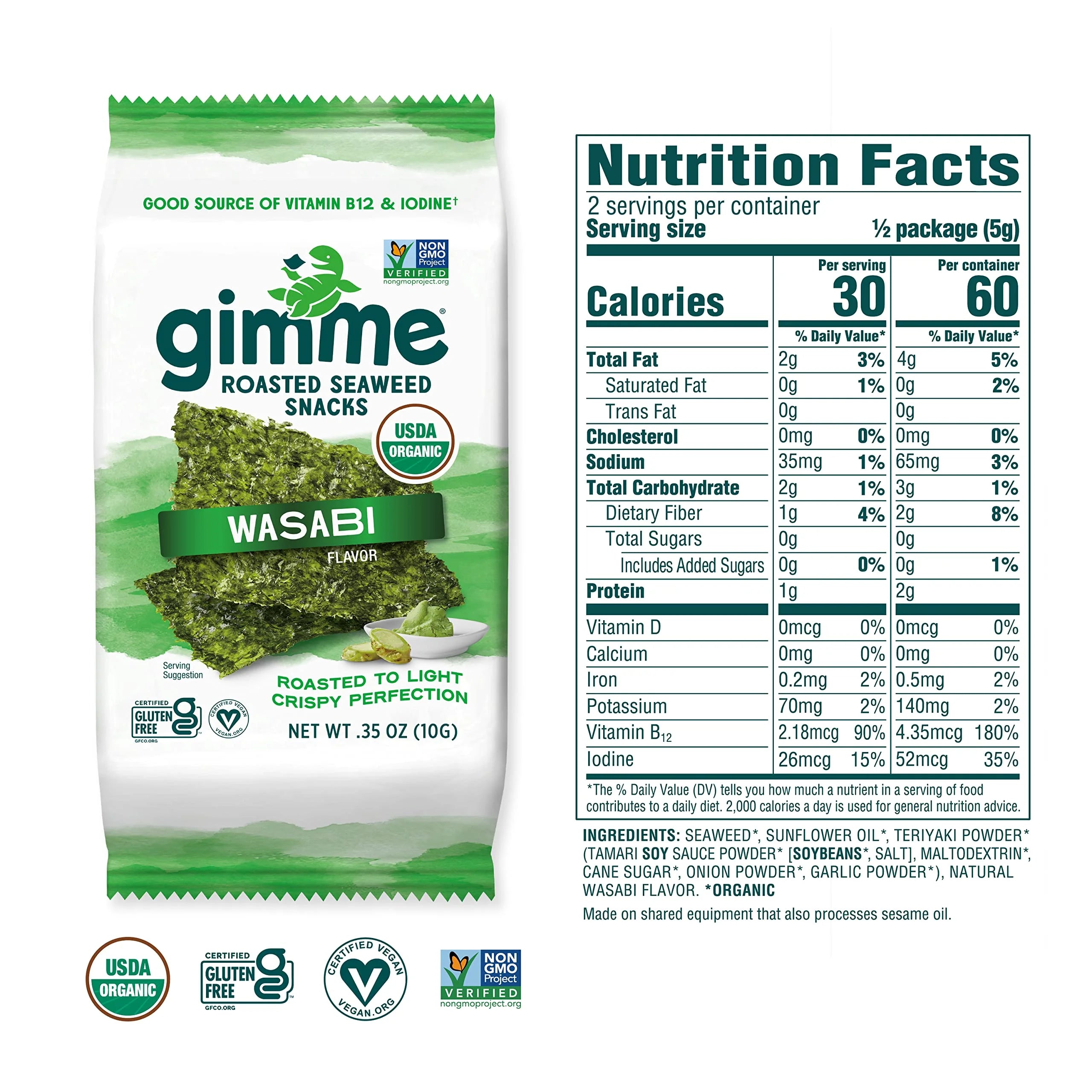 gimMe Wasabi Organic Roasted Seaweed Sheets, 12 Count O29793