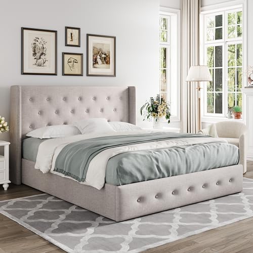 Allewie Full Size Lift Up Storage Bed with Wingback Headboard, Light Beige C85153